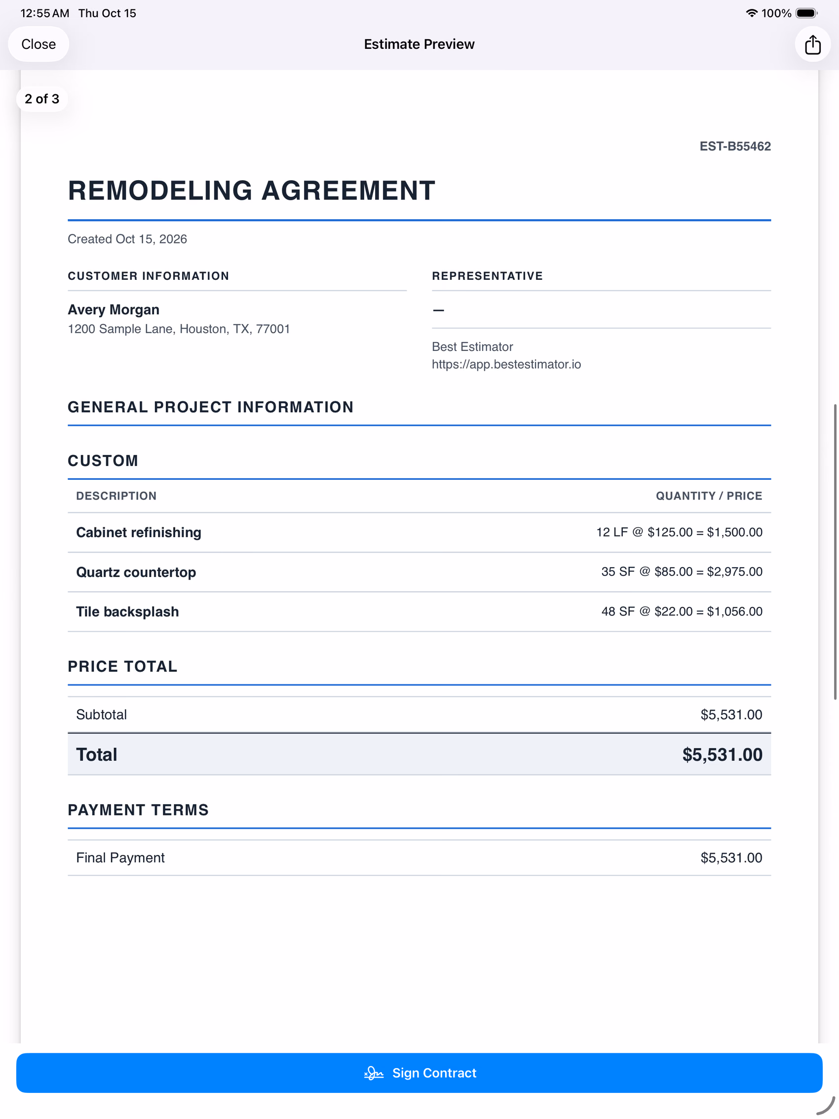 Best Estimator's actual itemized PDF proposal preview for a fictional renovation project